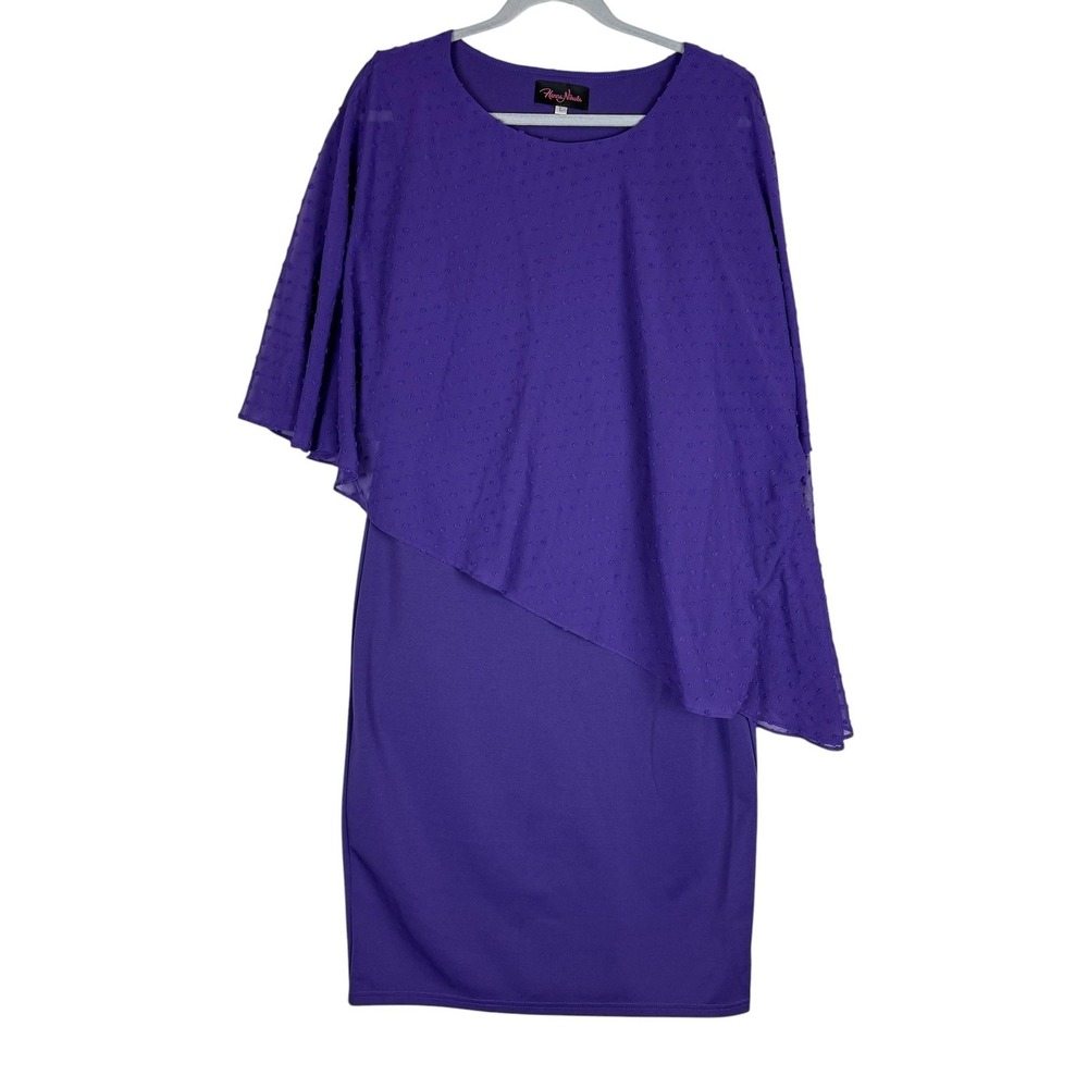 Hanna Nikole Dress Womens L Purple Asymmetrical Chiffon Overlay Sheath Polka Dot